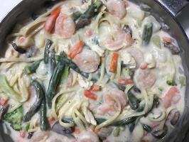 Sausage, Chicken, and Shrimp Linguini with Broccoli, Green Beans, Carrots, Celery, Onions, and Mushrooms by Buzzard
